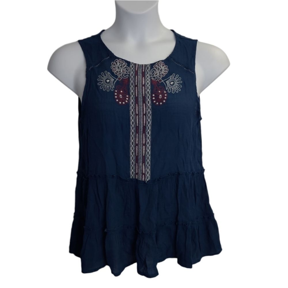 KNOX ROSE teal embroidered sleeveless tiered flowy blouse top L